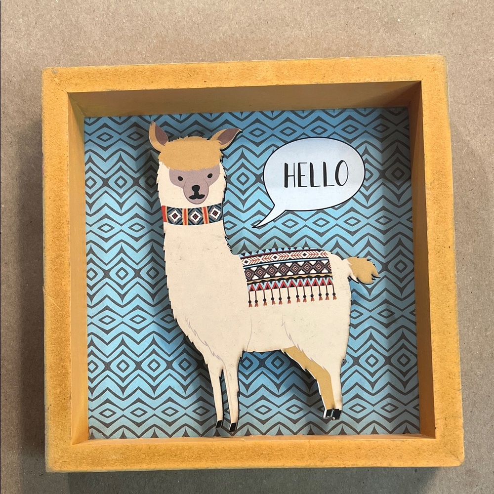 Hello Llama Framed Wall Art in Mustard‎ and Blue Distressed Frame Aztec